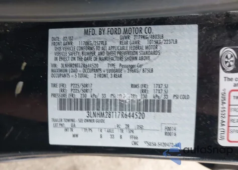 2007 Lincoln Mkz z USA, uszkodzony, nr VIN 3LNHM28T17R644520